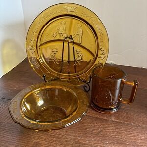 Vintage Indiana Glass for Tiara 3 Piece Amber Child's Nursery Rhyme Dish Set